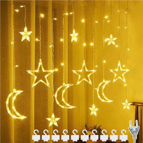 DAZZTIME 3.5m Lichterkette Sterne Mond,Lichterketten für Fenster Weihnachten, Nachtlichter Fenster Lichtervorhang mit Mond und Sterne,Stecker,für Weihnachten,Hochzeit,Party,Schlafzimmer Deko