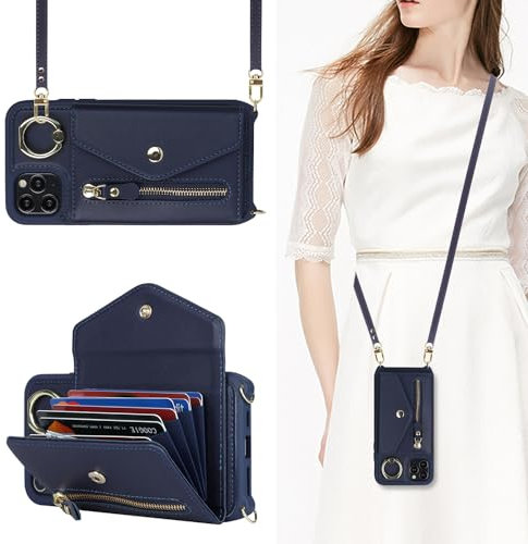 Ｈａｖａｙａ für iPhone 11 Pro Max Hülle mit Band Kartenhalter handyhülle iPhone 11 Pro Max mit Reißverschluss Band Ring Ständer Case mit Portemonnaie Damen - Blau