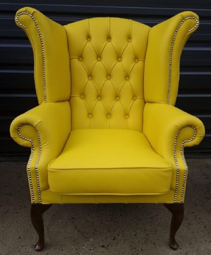 Casa Padrino Luxus Chesterfield Ohrensessel Gelb/Dunkelbraun 98 x 90 x H. 110 cm - Echtleder Chesterfield Wohnzimmer Sessel - Wohnzimmer Möbel - Chesterfield Möbel - Luxus Leder Möbel