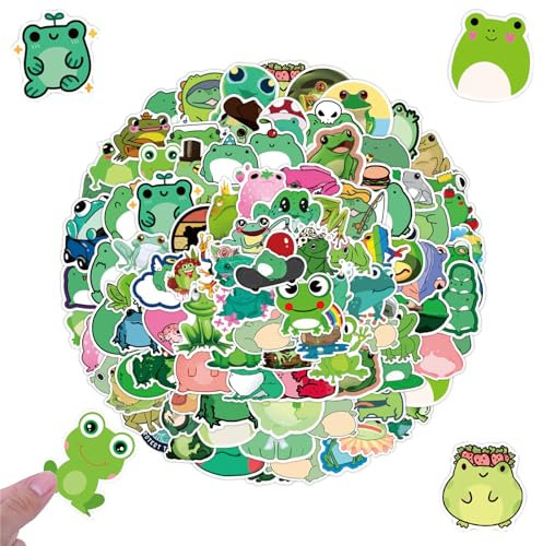 Cozevdnt 100 Stück niedliche Frosch-Aufkleber, niedliche, wasserdichte Cartoon-grüne Frosch-Vinyl-Aufkleber, Cartoon-Frosch, Laptop, Skateboard, Gepäck, Koffer, Autos, Geschenk für Erwachsene,