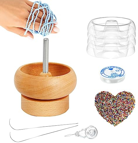 Armband Spinnerschale,bead spinner,perlennadeln,clay beads,Holzperlenspinner zur Schmuckherstellung,Perlenwerkzeuge,4 Schnellwechselschalen,2 Perlennadeln mit großem Auge und 1000 Stück Taillenperlen