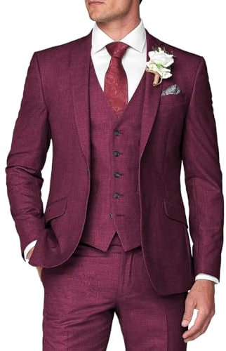 HUUTOE Costume 3 pièces élégant pour homme, type smoking, coupe ajustée, avec blazer, gilet et pantalon, pour l’été, mariage, bal de fin d'année, affaires, rouge vin, Taille XL