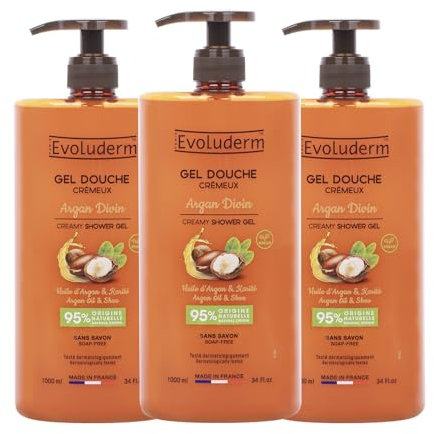 EVOLUDERM - Gel Douche Crémeux Argan Divin - 1000 ml - 95% d'Origine Naturelle - Végan - Fabrication Française - Lot de 3 x 1000 ml