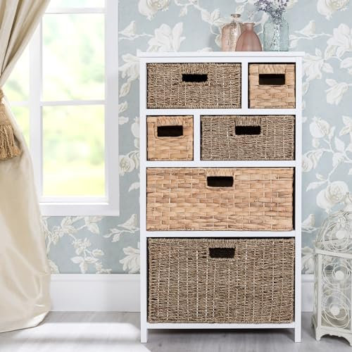 Tetbury Large White Storage Unit with 6 Mixed Size Drawers | Modern Wicker Storage Chest of Drawers for Hallway Home Office Living Room | Fully Assembled