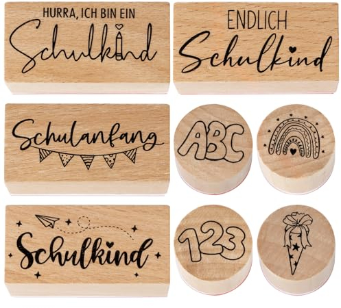 BETESSIN 8 Holz Stempel Schule Stempel Endlich Schulkind Stempel Holz Deutsch Schulanfang Stempelset Kinder Lehrerstempel Motivstempel zum Kartenbasteln für Einschulung Scrapbooking Einladung