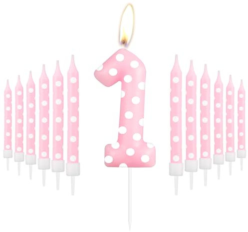 Pink Birthday Candles Set, Pink Number 1 Candles with Polka Dot for Cake, Girls First Birthday Candles, Pink Cake Topper for Girls, Pink Candles Cake Topper for Girls Birthday Party Decorations