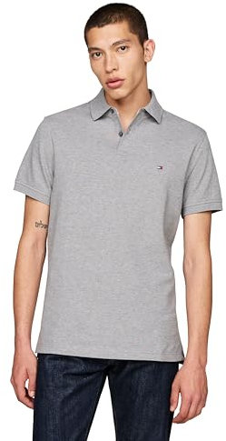 Tommy Hilfiger Men's Short Sleeve Polo Shirts in Slim Fit with Stretch and Organic Pique Cotton, Medium Grey Heather, XXL