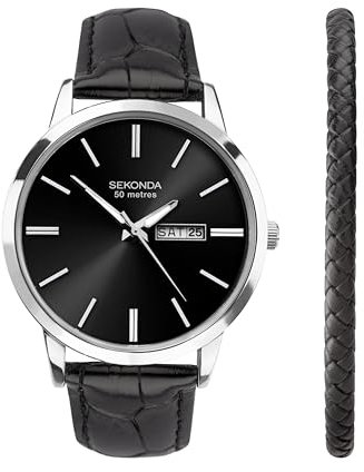 Sekonda Classic Jackson Geschenkset Herren 40 mm Quarzuhr in Schwarz mit analoger Tages-/Datumsanzeige und schwarzem Lederarmband