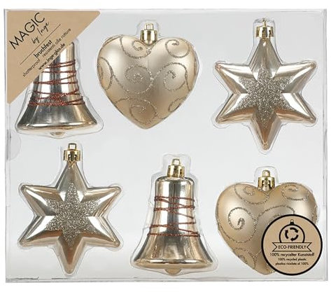 Inge-glas Christbaumschmuck Formen Mix 9cm Kunststoff 6er Set - bruchsicher & mit Glitzer - Christbaumkugeln für Weihnachtsbaum - Weihnachtskugeln & Weihnachtsbaumschmuck Champagner - Creamy Gold