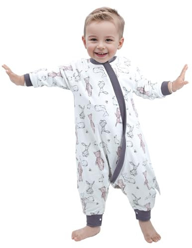Baby Sleep Bag with Feet 1.0 TOG Long Sleeves Wearable Blanket 100% Cotton Sleeping Sack for All Seasons Infant Toddler for Girl Boys 6-12 Months - Rabbit & Whale