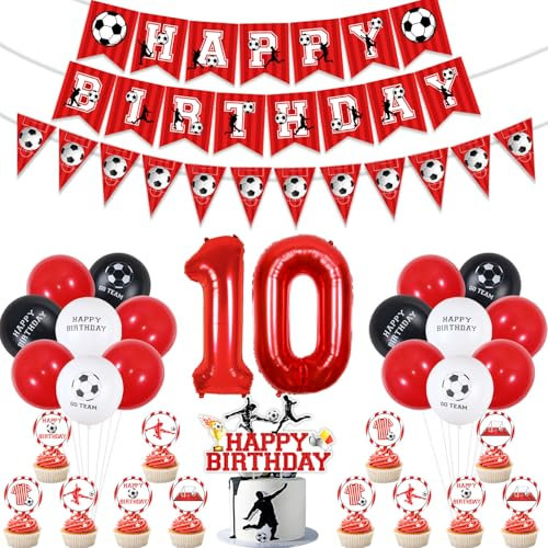 Fußball-Dekorationen zum 10. Geburtstag für Jungen, rot, Fußball-Happy Birthday-Banner, Fußball-Wimpelkette, Cupcake-Topper, Luftballons, rot, schwarz, weiß, 10 Folienballon für Sport, Fußball, Motto