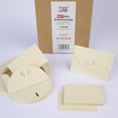 PresentFill® 25 Mini Briefumschläge mit Karten – Chamois Creme Beige – Kleine Umschläge Mini mit Herz Verschluss und Blanko Karten aus 100% Recycling Kraftpapier zum Selbst gestalten und beschriften