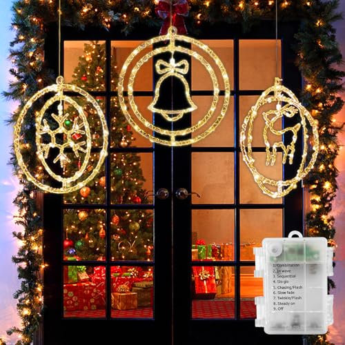 Cnuleznt 3 Stück Lichterkette Batterie weihnachten, 3D Drehbarer dreidimensionaler Ring, wasserdicht PVC Draht Wicklung, für lichterkette innen, Fenster, Weihnachten(warm weiß)