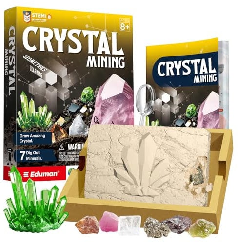 EDUMAN Kit per scavare pietre preziose e cristalli, set per bambini con 7 minerali e rocce, kit scientifico per esperimenti per bambini, giocattolo educativo STEM geologico, regalo per ragazzi e