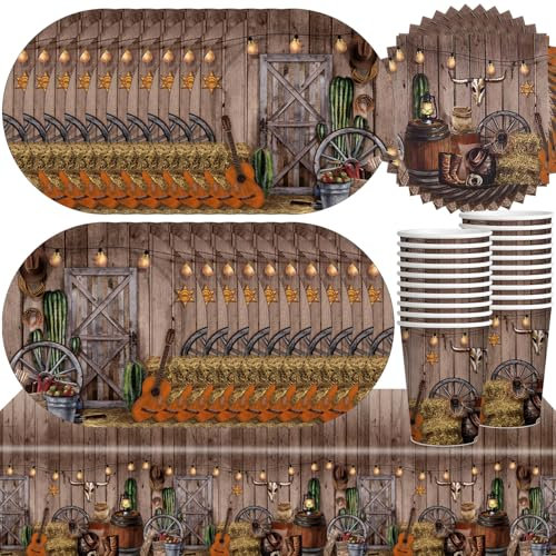 61Pcs Western Cowboy Party Tableware, Cowboy Party Decorations, Western Cowboy Theme Party, Western Cowboy Paper Plates, Napkins, Paper Cups Tablecloth (20 Guests)