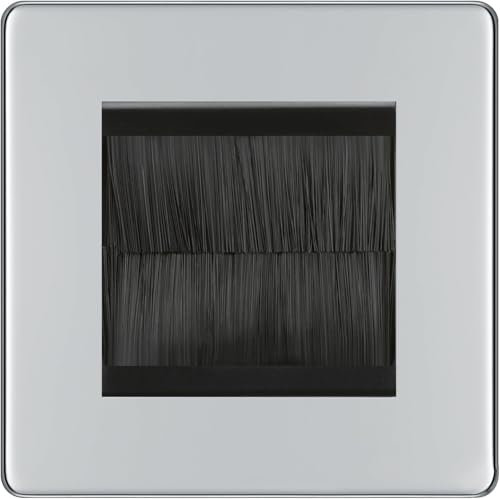 BG Screwless Polished Chrome Single 2 Gang Brush Cable Wall Plate TV Black