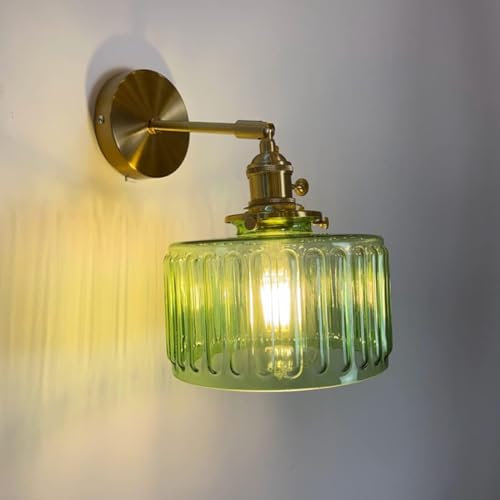 Applique murale vintage en verre tulipe vert et laiton - Bras pivotant réglable - Lampe murale industrielle - Lampe murale moderne pour chambre à coucher, table de chevet, salon