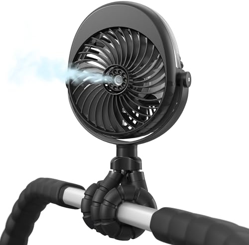 GRANDFAST Ventilateur brumisateur pour poussette, 4000 mAh, fonctionne à piles, avec rotation à 360°, ventilateur personnel avec trépied flexible pour bureau, wagon, berceau, voiture, tapis de course