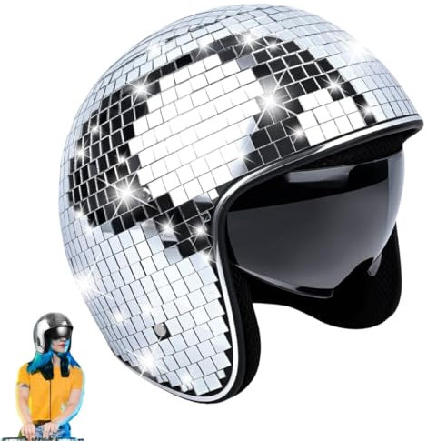 Discokugel Hüte Helm Glitzer Disco Glas Spiegel Ball Hut Helme 70er 80er Silberner Retro Disco Dekor Helme für Karneval Party DJ-Club, Bühne, Hochzeit Dance, Bar Party, Urlaub, mit Einziehbarem Visier
