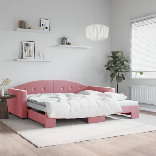 LAPOOH Tagesbett Ausziehbar Rosa 100x200 cm Samt, Schlafsofa, Daybed, Bettsofa, Sofa Bed, Sofabett, Schlafcouch, Jugendbett, Bettgestell, Bettcouch - 3197311