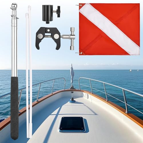 MOPHOEXII Drapeau de plongée avec mât de drapeau de stabilité réglable, drapeau de plongeur avec mât amovible pour bateau rond de 1,5 à 5,1 cm et rail carré pour ponton