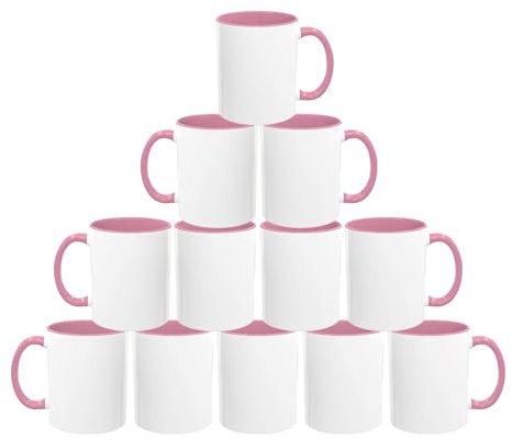 Sublimation Mugs 11oz Blank with Coloured Handle & Inner | Durable, Ceramic Mugs Perfect for Custom & DIY Printing, Gifts for Loved Ones | Available in Multiple Colour & Packs | Pink Pack of 12