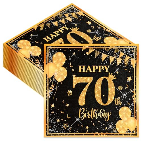 40Pcs Happy 70th Birthday Party Napkins, Disposable Black Gold Paper Serviettes for Men Women, 33x33cm/13x13in Tissues for Big 7-0 Birthday Party Decorations