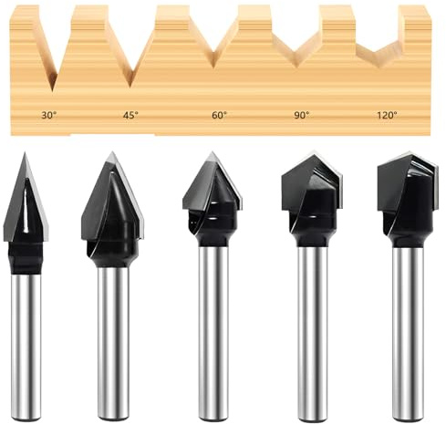 SICWOOD 5-Piece CNC V-Groove Router Bits Set 1/4 Inch Shank, 30° 45° 60° 90° 120° 2-Flute Carbide-Tipped Grooving Bits, for Woodworking, Engraving, Carving
