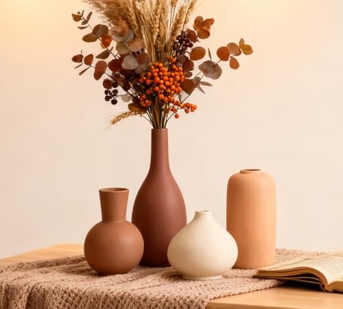 VASETOPIA Keramik Vasen Set 4 Stück, Kleine Blumenvasen für Dekor, Minimalistisch Vase Home Decor für Pampas Grass, Wohnzimmer, Esszimmer, Bücherregal (08 Rotbraun/Orange/Braun/Beige)
