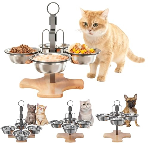 Lot de 4 gamelles surélevées pour chat - Avec support en acier inoxydable - Hauteur réglable - 3 hauteurs - Pour nourriture d'eau, chats, petits chiens