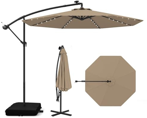 COSTWAY 300 cm Sonnenschirm mit Ständer und LED-Leuchten, Ampelschirm mit Kurbel, Gartenschirm, UV-Schutz, Marktschirm, Terrassenschirm für Garten, Pool, Terrasse, Braun