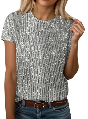 Glitzer Oberteile Damen, Pailletten Oberteil Damen, Festliche Oberteile Kurzärmelig Rundhalsausschnitt T-Shirt Lässig Elegant Festlich Tops Weich Bequem Workout Tshirt Abendparty Hochzeit Bluse Top