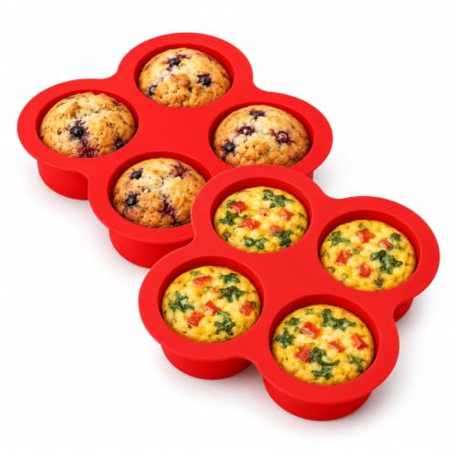 HANXIANG 2 Pack Air Fryer Egg Bite Molds, 4 Cup Silicone Pan (Red) | Non-Stick Easy Release and Dishwasher Safe for Oven and Air Fryer