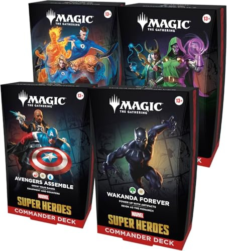 Mtg Marvel SuperHeroes Commander Decks Display 4 mazos ENG – MTG Universes Beyond Commander Italiano + 100 Sleeves Protector Baraja BaruZcard Inglés
