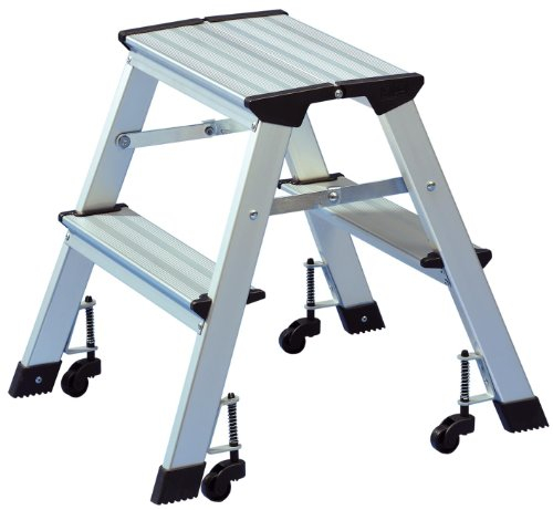 WEDO 2151 mobile Trittleiter aus Aluminium mit Rollen, Tragkraft 150 kg, Farbe silber, senkt sich bei Belastung ab, platzsparend klappbar