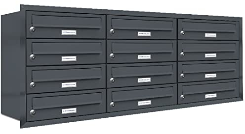 AL Briefkastensysteme, 12er Unterputzbriefkasten in Anthrazit Grau RAL 7016, 12 Fach wetterfeste Briefkastenanlage Design modern