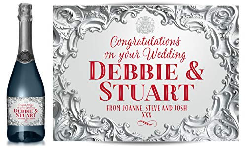 TigerMill Publishing Personalised Silver Effect Champagne Labels for Any Occasion or Event, Birthday, Wedding, Engagement, Anniversary, Hen Night, Christmas etc (Silver/Red Type)