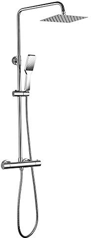Colonna doccia termostatica extra lunga TATTO FREDDO Quad. Tubo estensibile da 100 a 150 cm. Antiustione, con doccia idromassaggio e spruzzatore quadrati rifiniti in cromo lucido. Pezzi di ricambio