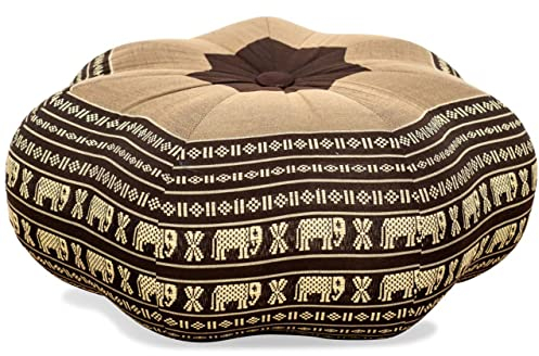 livasia Meditationskissen Stern groß - Ø 40x20cm - Yogakissen mit Kapok, Pouf, Bodenkissen sternförmig Yoga Zen Meditation, Zafukissen Garten Balkon, Sitzkissen handgefertigt (Braun/Elefanten)
