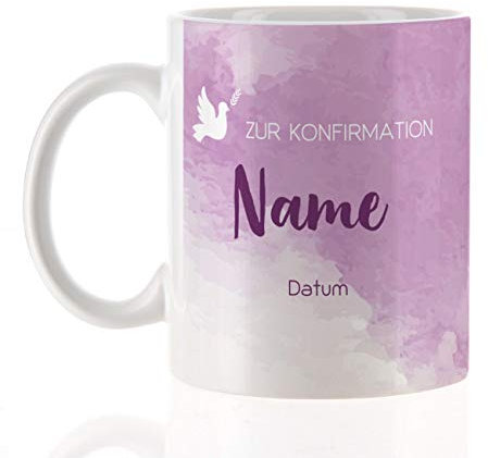 Herz & Heim® Tasse zur Konfirmation mit Aufdruck des Namens und Datum Lila