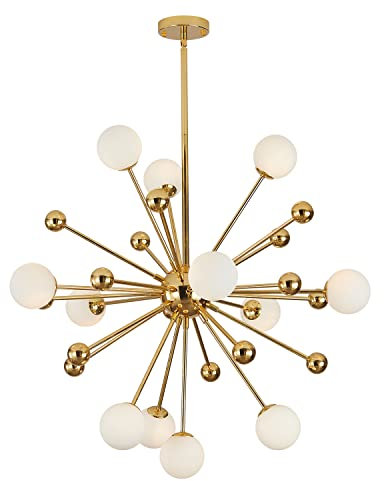 KCO Lighting Lámpara de Araña Sputnik de Oro Moderno, 12 Luces, Globo de Cristal Blanco, Lámpara Colgante de Mediados de Siglo Starburst Para Luces de Comedor, Sala de Estar (12 Luces)