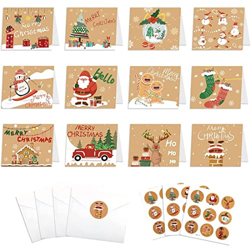 Weihnachtskarten mit Umschlägen, 24 Stück Karten Weihnachten Set, mit Umschlag und Aufkleber, Klappkarten Blanko Grußkarten, Weihnachtspostkarten für Kinder Familie Freunde Kunden