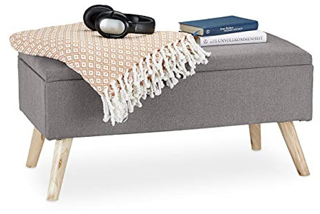 Relaxdays Sitzbank mit Stauraum, gepolstert, Holzbeine, Truhenbank Stoffbezug, HxBxT: 39,5 x 79,5 x 39,5 cm, hellgrau