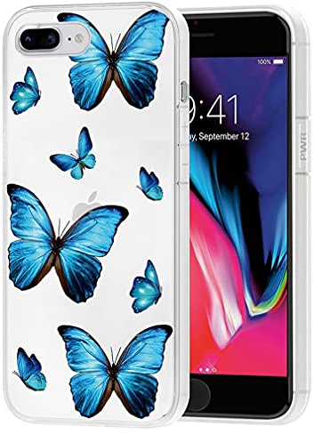 Yerebel Case for iPhone 8 Plus Case, iPhone 7 Plus Cute Case, Clear Flexible Bumper TPU Soft Rubber Silicone Cover Phone Case for iPhone 7 Plus/8 Plus (Blue Butterfly)