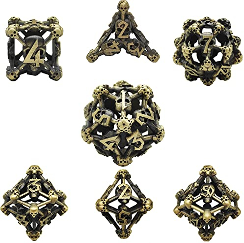 World of Dice - Premium-Würfelset - edle Pen and Paper Würfel, Metallwürfel mit Knochen und Totenköpfen, 7-teilige Set für Dungeons and Dragons (D&D), DSA, und vieles mehr