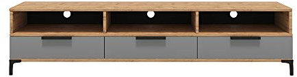 Selsey RIKKE - TV-Lowboard/TV-Tisch mit 3 offenen und 3 geschlossenen Fächern, 160 cm breit (Wotan Eiche Matt/Grau Hochglanz ohne LED)