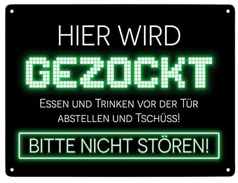 Hier wird gezockt Metallschild XXL in 28x38 cm für Gamer in grün lustige Geschenkidee für Jungen und Mädchen die Computerspiele lieben und am liebsten den ganzen Tag zocken würden