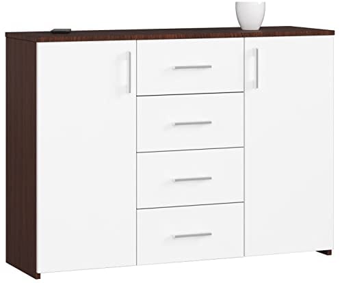 AKORD Kommode K45 110 cm | mit 2 Türen und 4 Schubladen | Schrank | für das Wohnzimmer | für das Schlafzimmer | B110 x H80 x T35 cm | Gewicht 48,00 kg | Wenge/Weiß
