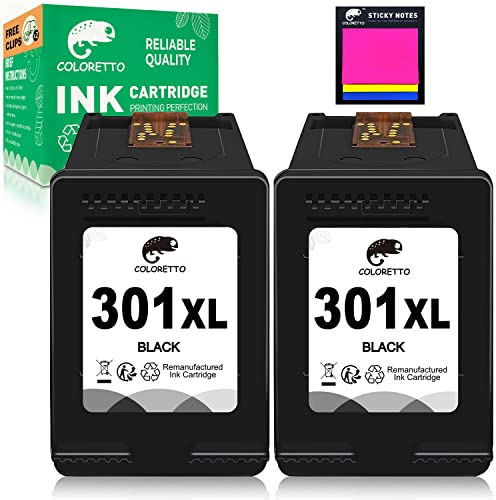 COLORETTO 301XL Druckerpatrone für HP Deskjet 1050 1510 1512 2050 2510 für Officejet 2620 4630 für Envy 4500 5530 5532 5534(2 Schwarz) Wiederaufbereiteter Patrone für HP 301 XL Schwarz