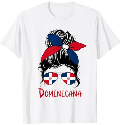 Dominikanisches Mädchen unordentliches Brötchen mit Sonnenbrille Schleife in Dominicana T-Shirt